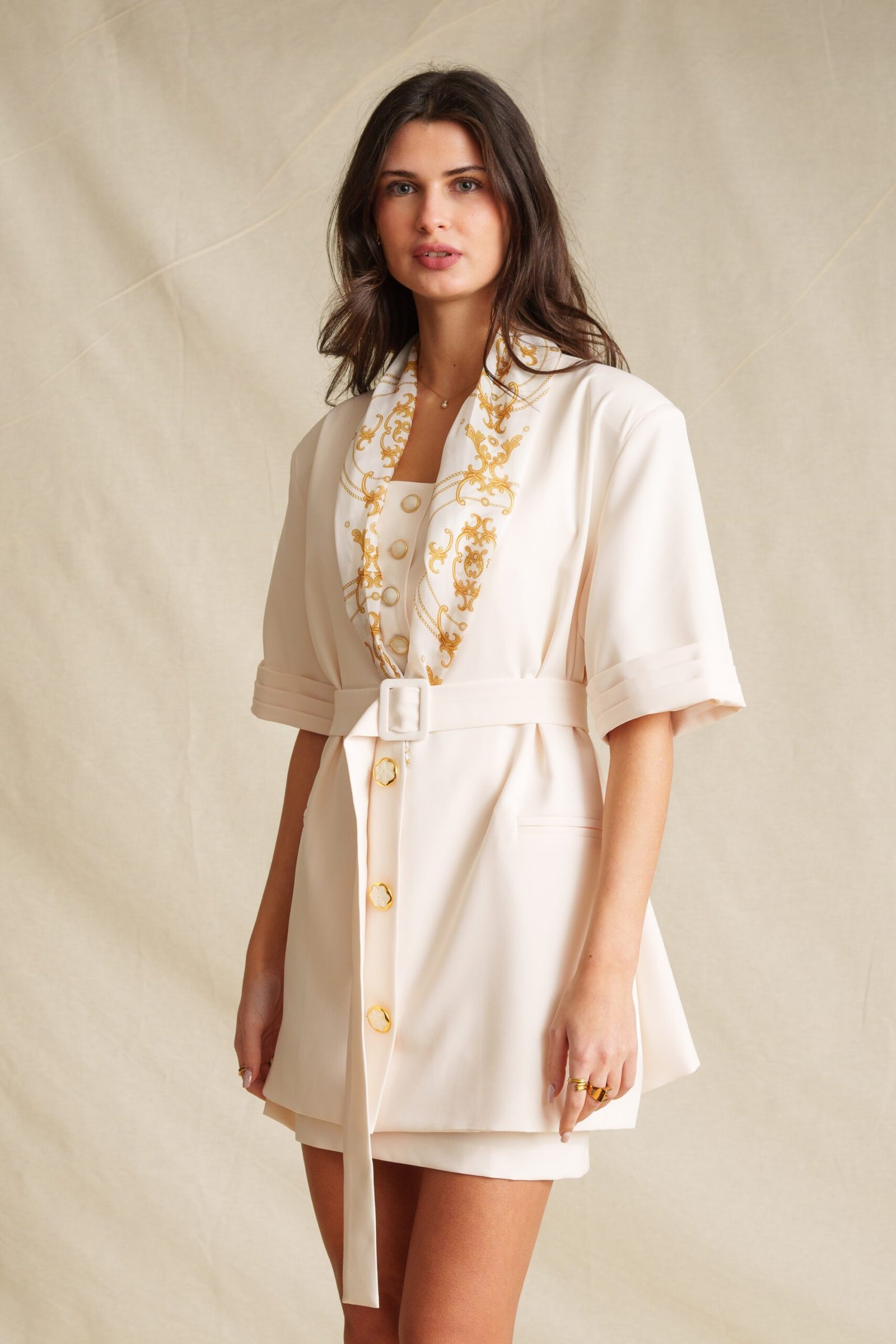 Antique White Short Sleeve Blazer With Hanky