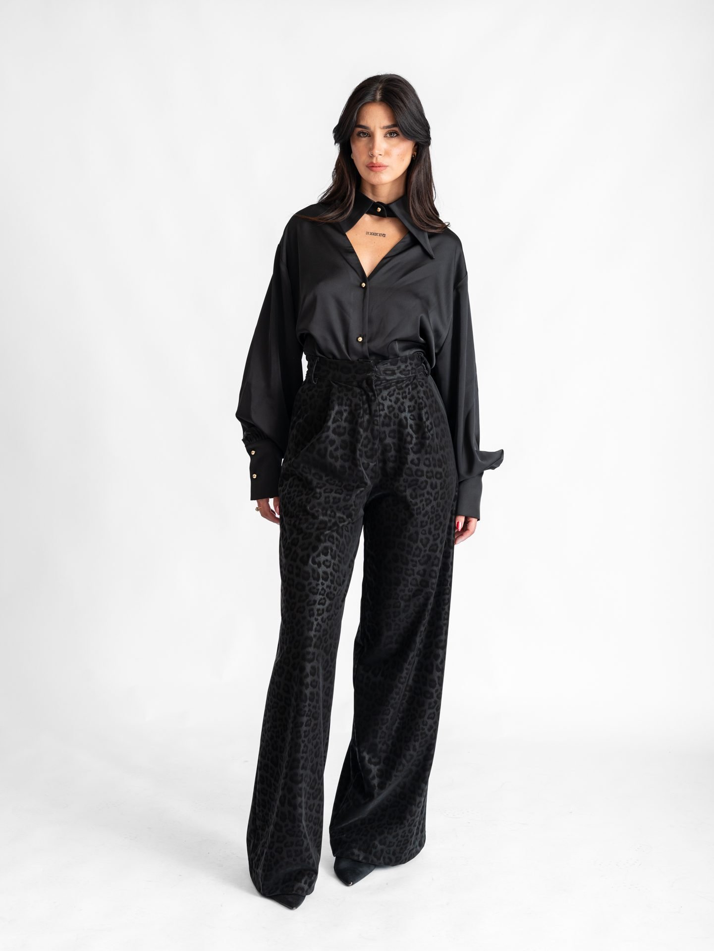 Leopard 3D Pleated Wide Leg Trouser