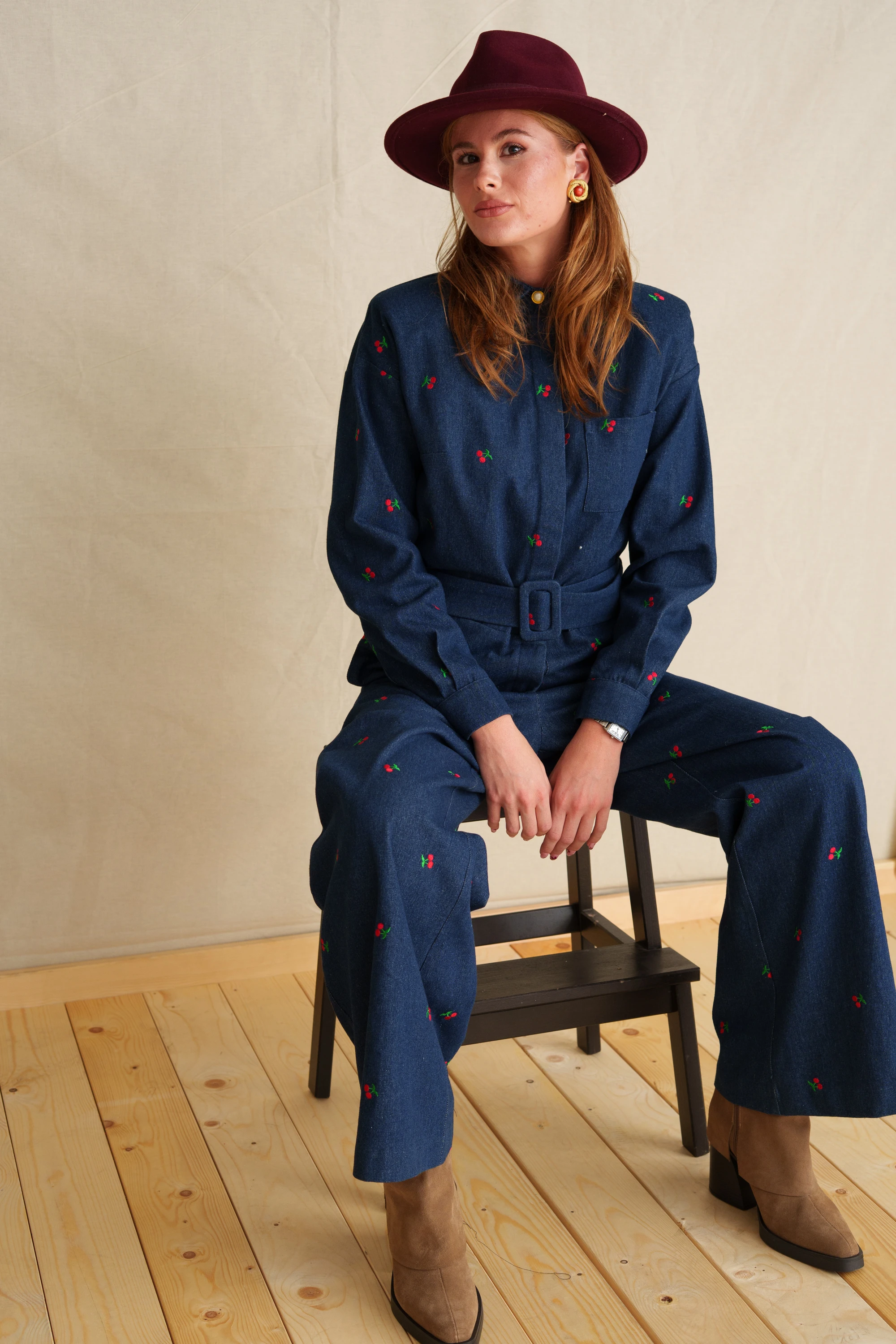 Blushed Cherries Denim Jumpsuit