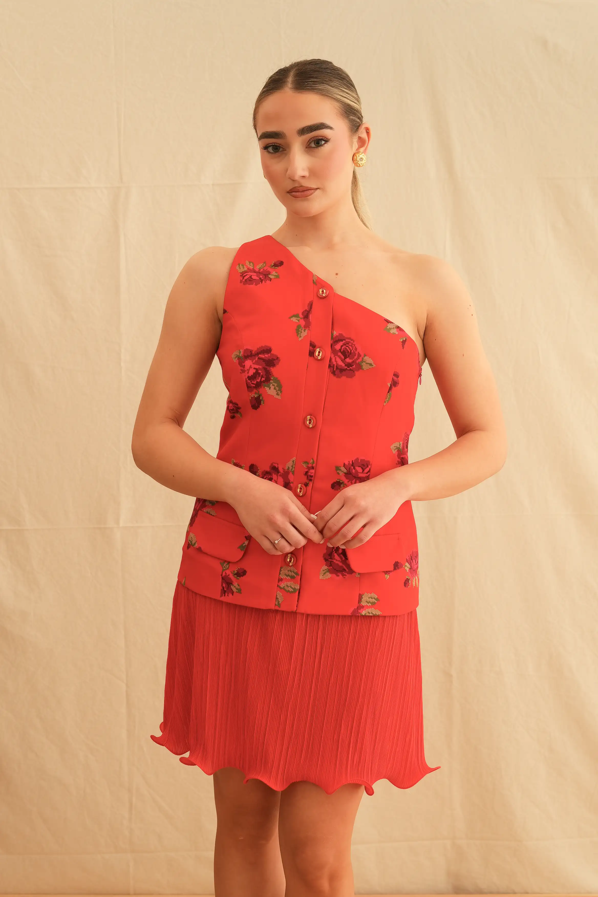 Red Rose One Shoulder Mini Dress