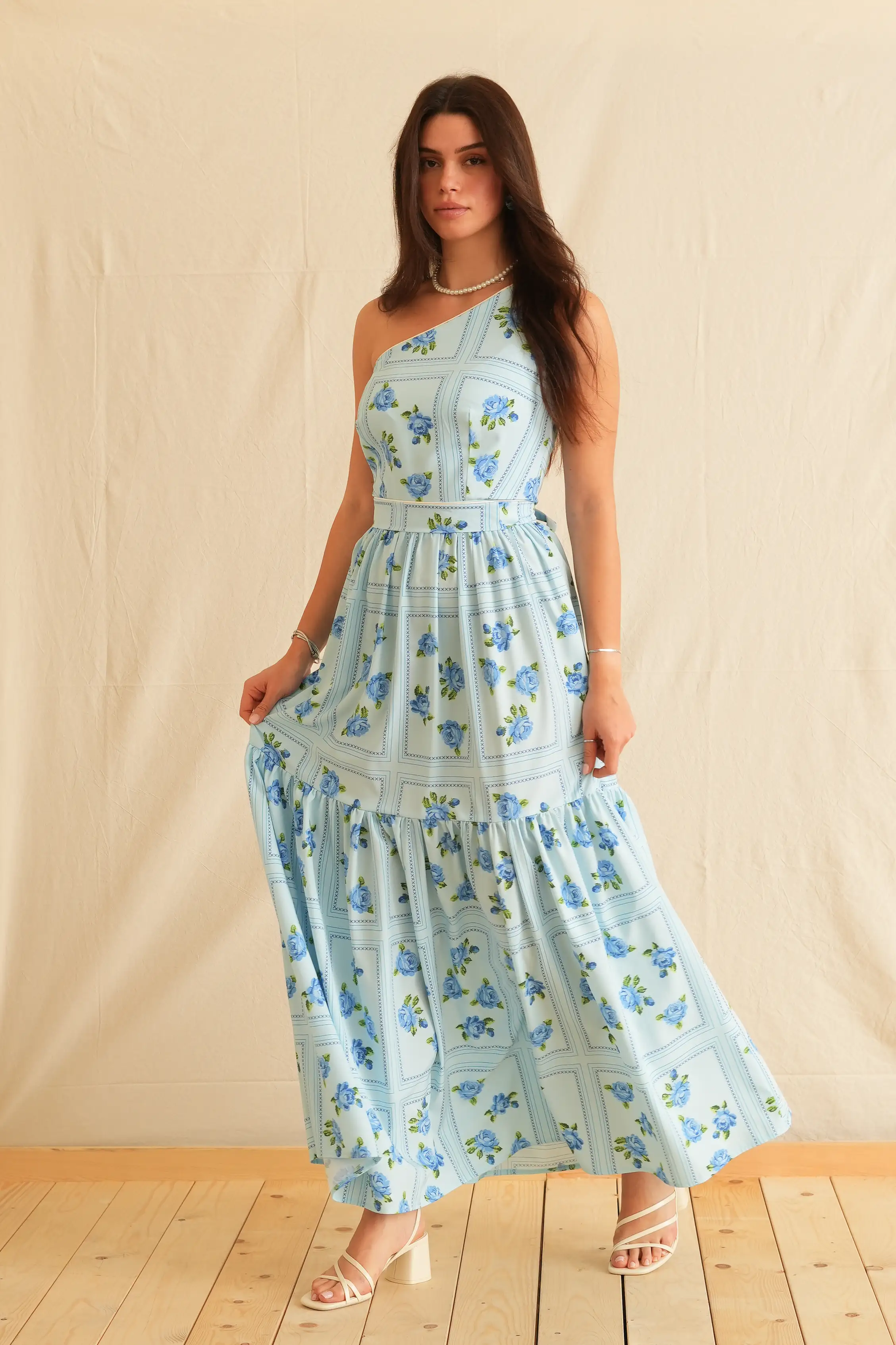 Blue Rose One Shoulder Maxi Dress