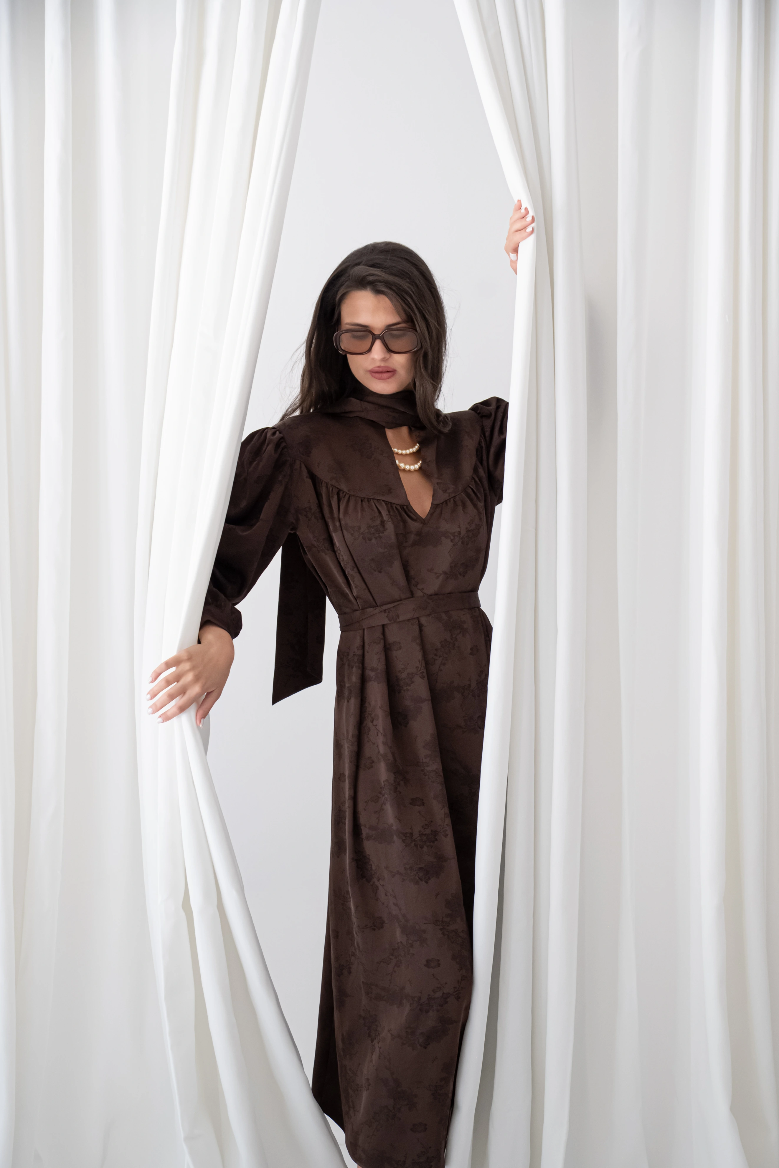 Walnut Brown Jacquard Polymorphic Maxi Dress
