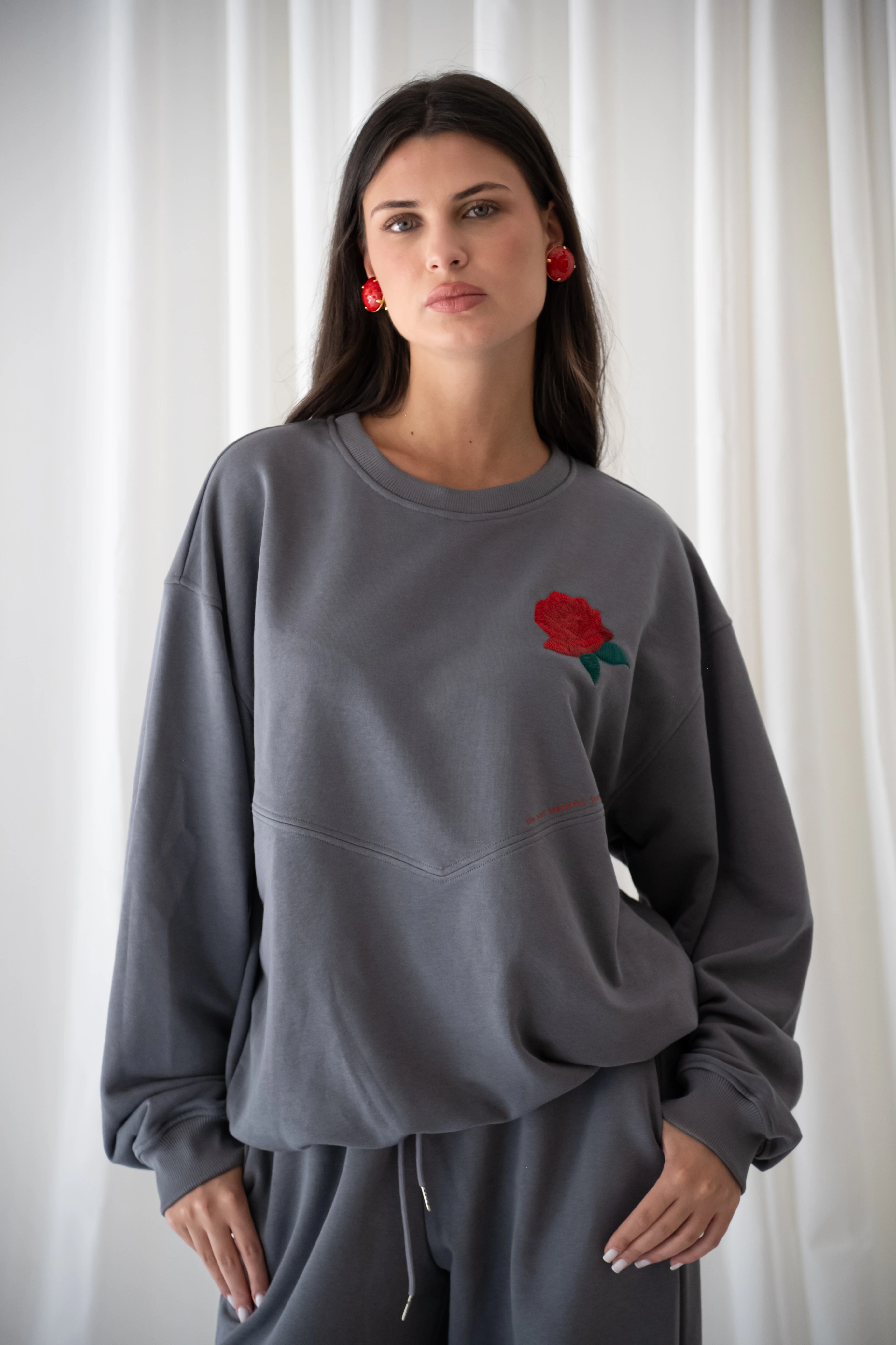 Red Rose Grey Oversized Sweatshirt